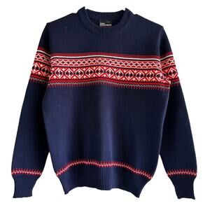 Vintage Sigi Scheiber Fair Isle Sweater Wool Crew Neck Ribbed Trim Blue Red XS